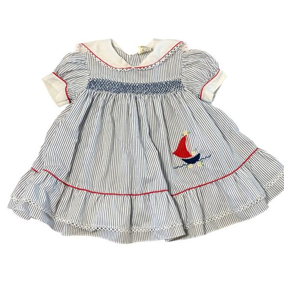None and/or Unknown Other - Smocked Sailboat Dress 2T Nautical Peter Pan Collar